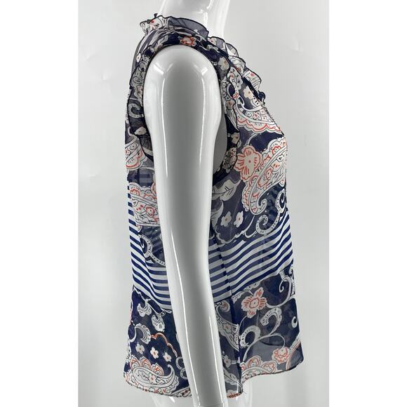 Cabi Sz XS Ruffle Peplum Stripe Sheer Sleeveless Blouse Blue Orange Style 5349 - Picture 3 of 6